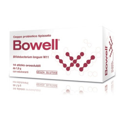 Confezione da 14 bustine di Bowell, integratore per l'equilibrio della flora batterica intestinale.