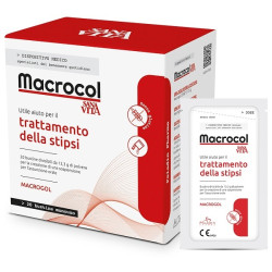Confezione da 20 bustine di Sanavita Macrocol Plus, integratore contro la stitichezza.